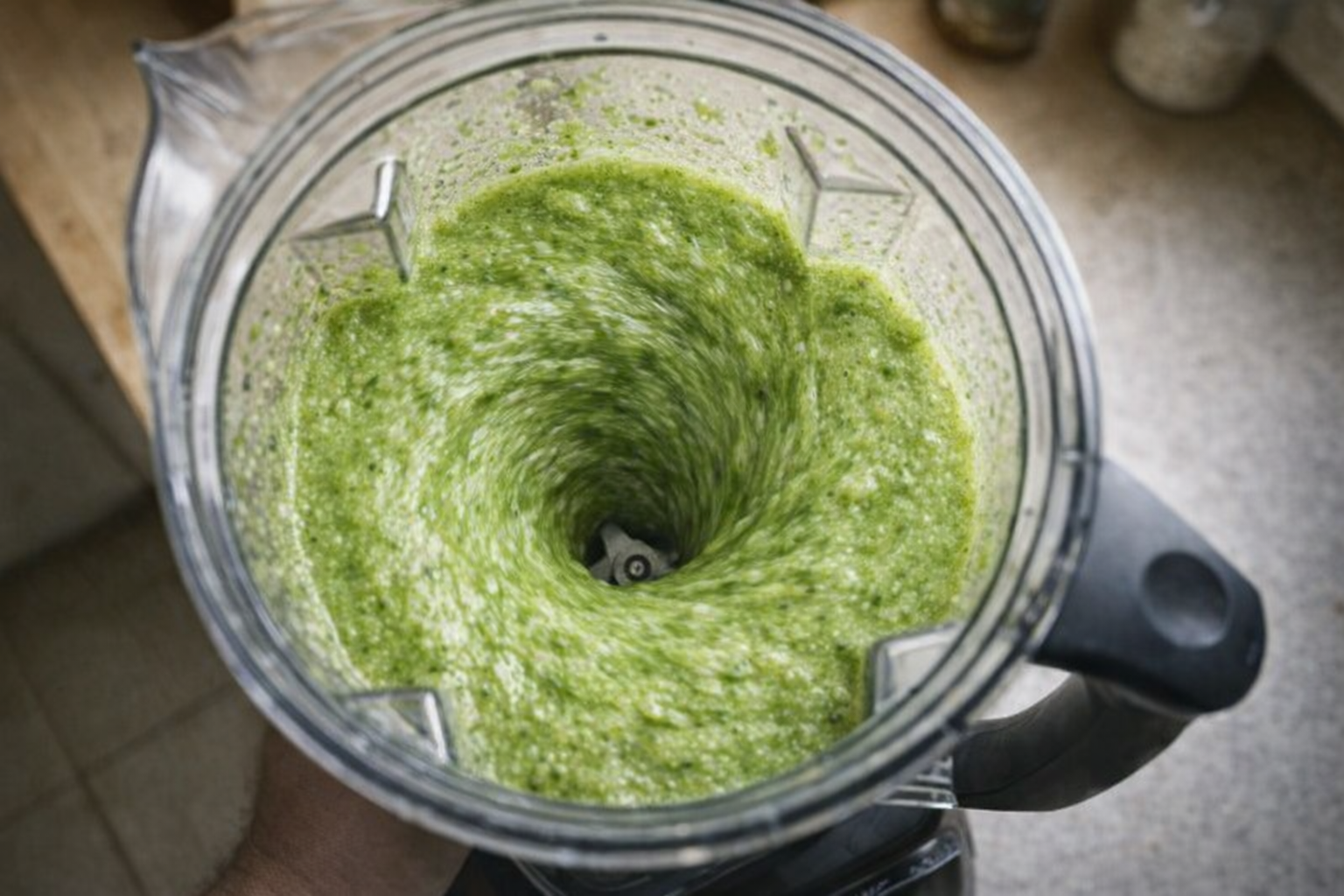 A top-down view of a high-speed blender in action, the green smoothie swirling inside, creating a vortex